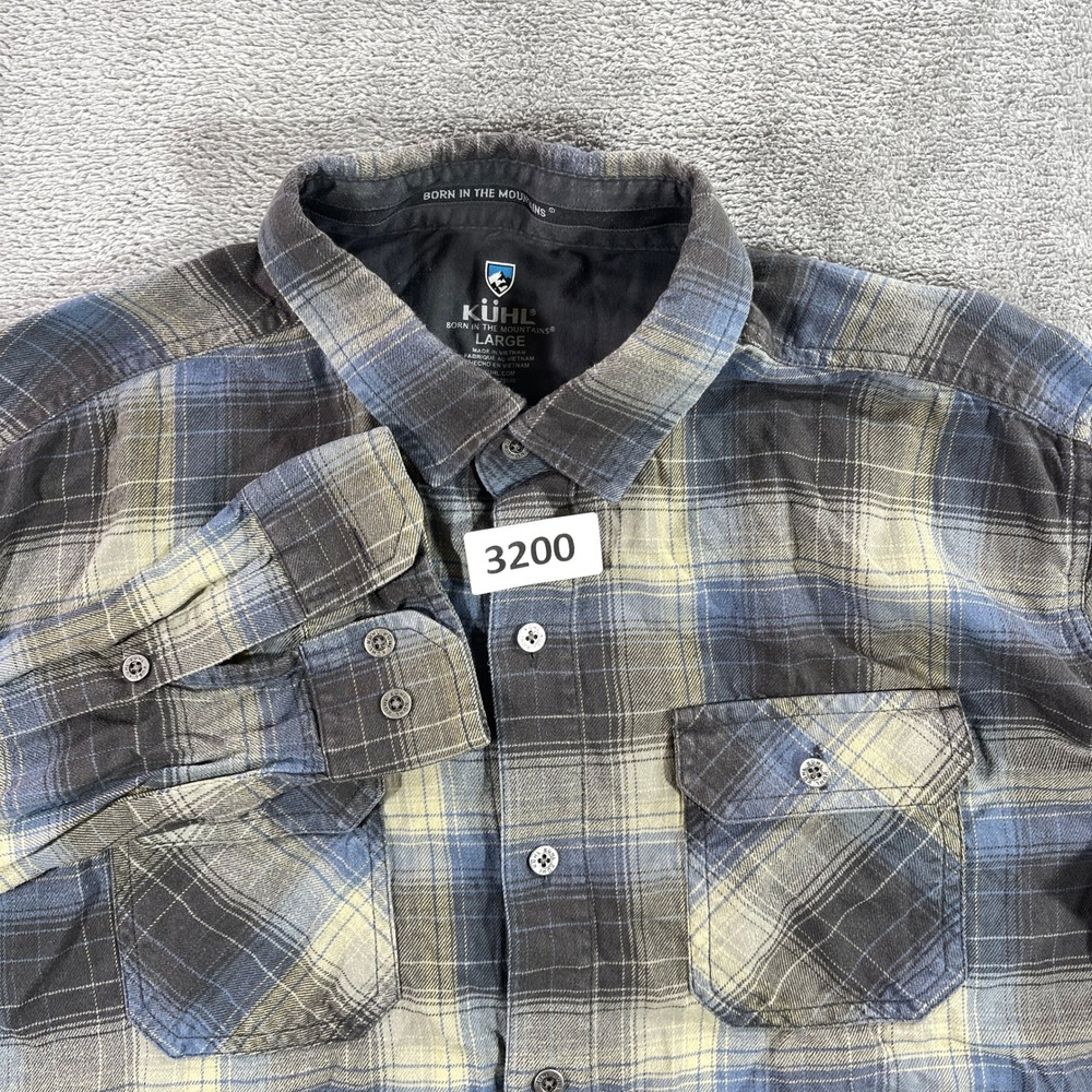 Kuhl Plaid Button Down Shirt Mens Large Blue‎ Grey Long Sleeve Cotton Tencel